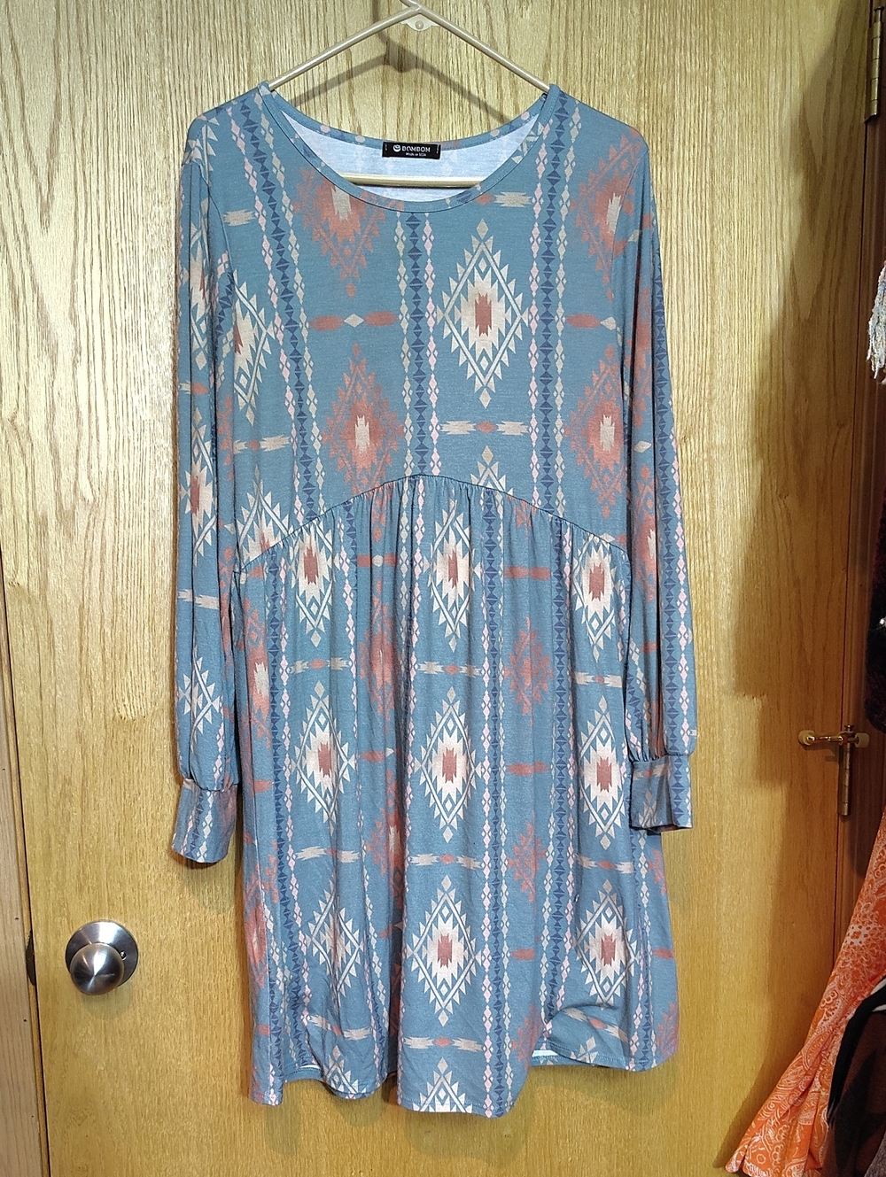 Aztec-Print Long Sleeve Swing Dress in Dusty Blue